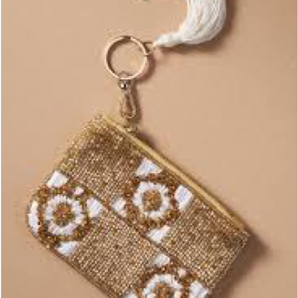 Anthropologie Gold and White Beaded Key & Card Holder - Picture 1 of 3